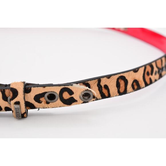 Guess L Genuine Leather Belt Leopard Fur Black Crystal Rhinestone Red - Picture 3 of 12